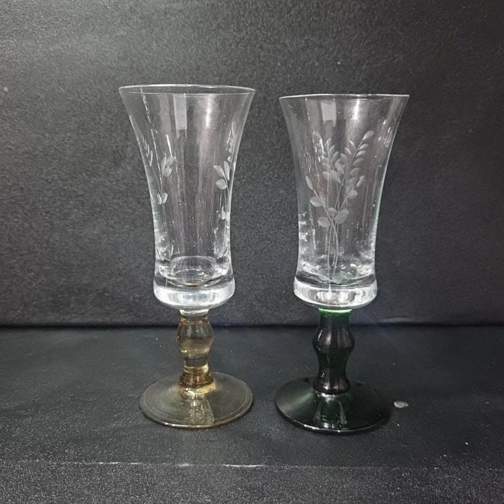 Etched Leaves Cordial Glasses, Set of 2, Vintage Green‎ & Yellow Stem Stemware
